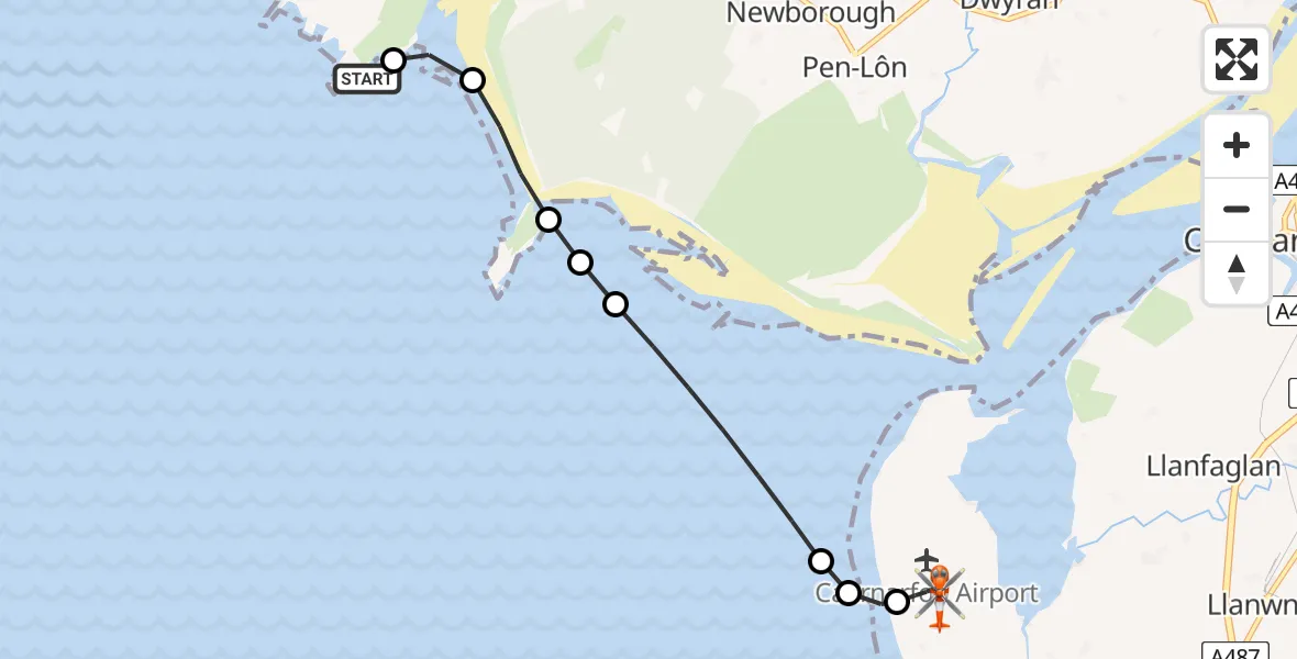 Flight path map showing Coastguard Helicopter route from Bodorgan to Caernarfon Airport