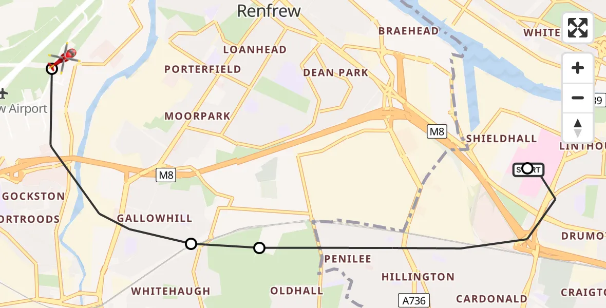 Flight path map showing Air Ambulance Helicopter route from Queen Elizabeth Hospital to Glasgow Airport