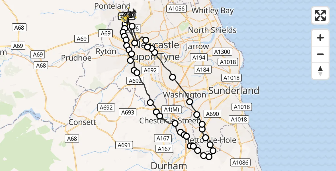 Flight path map showing Police Helicopter route from Newcastle International Airport to Newcastle International Airport