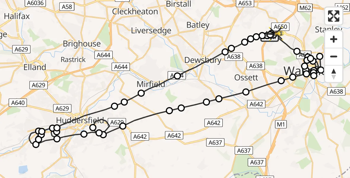 Flight path map showing Police Helicopter route from East Ardsley to Wrenthorpe