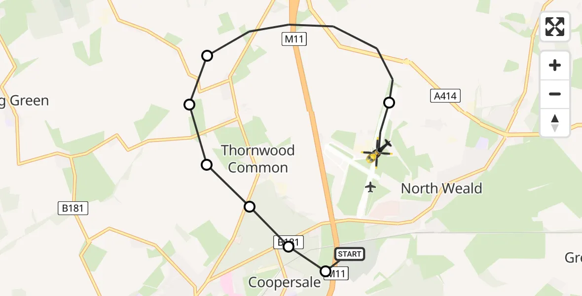 Flight path map showing Police Helicopter route from North Weald Airfield to North Weald Airfield