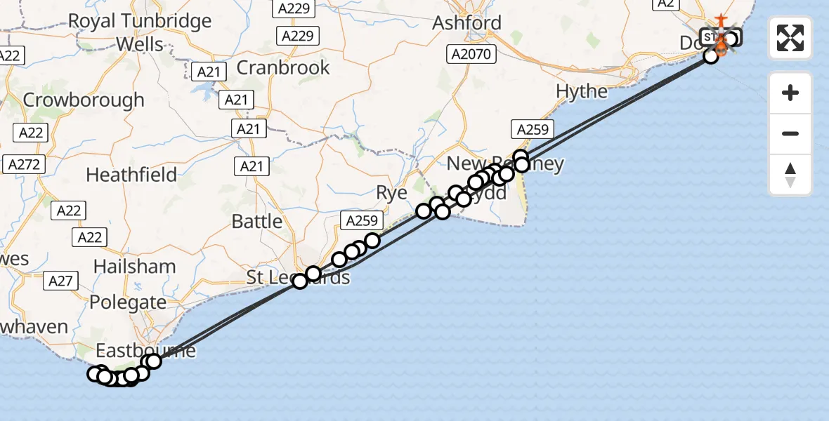 Flight path map showing Coastguard Helicopter route from Langdon Battery Heliport to Langdon Battery Heliport
