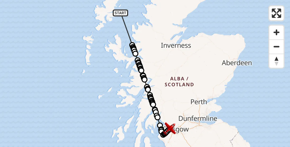 Flight path map showing Air Ambulance Aircraft route from Inner Seas to Glasgow Airport