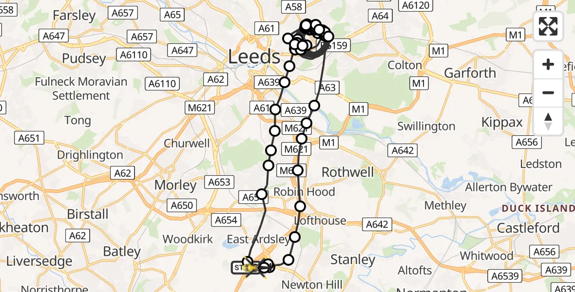 Flight path map showing Police Helicopter route from East Ardsley to Wrenthorpe