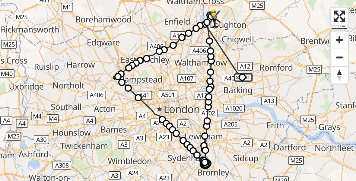 Flight path map showing Police Helicopter route from Seven Kings to Sewardstonebury