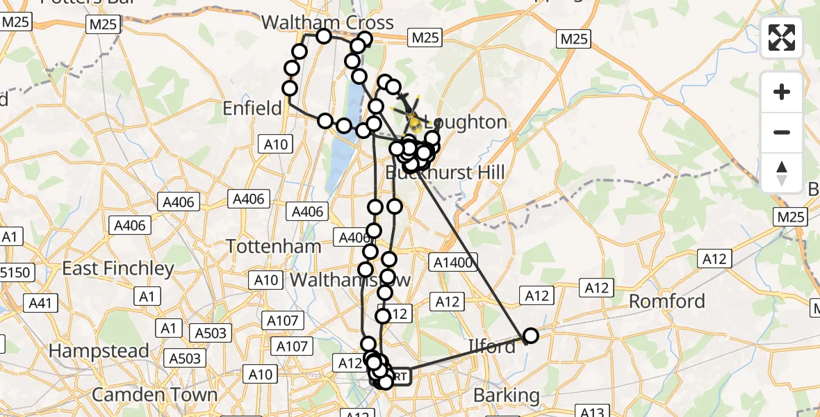 Flight path map showing Police Helicopter route from Maryland to Sewardstonebury