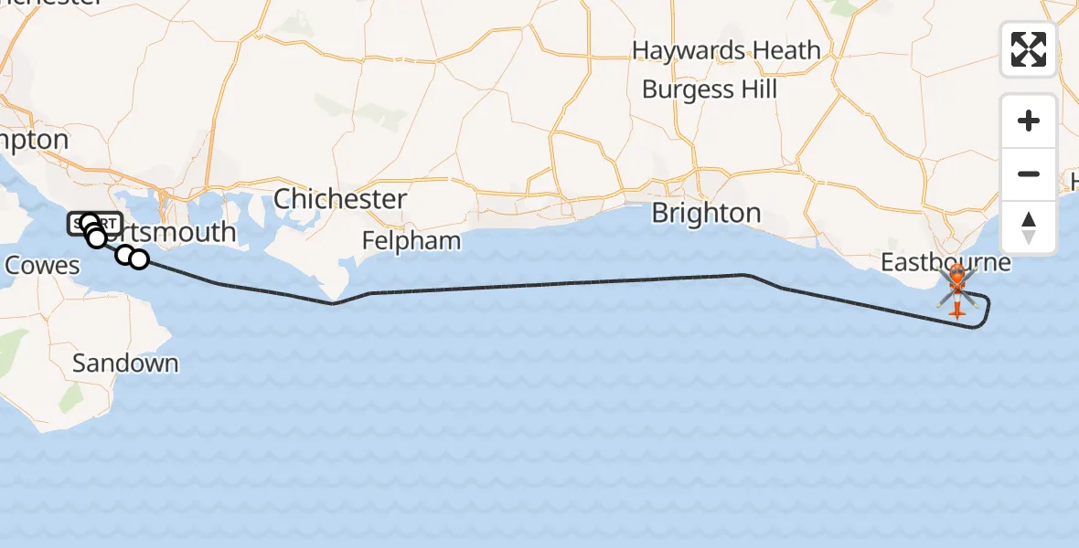 Flight path map showing Coastguard Helicopter route from Solent Airport to English Channel