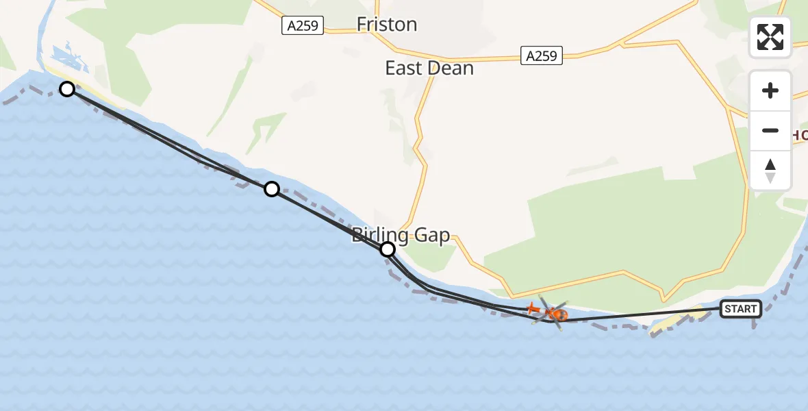 Flight path map showing Coastguard Helicopter route from Eastbourne to Eastbourne