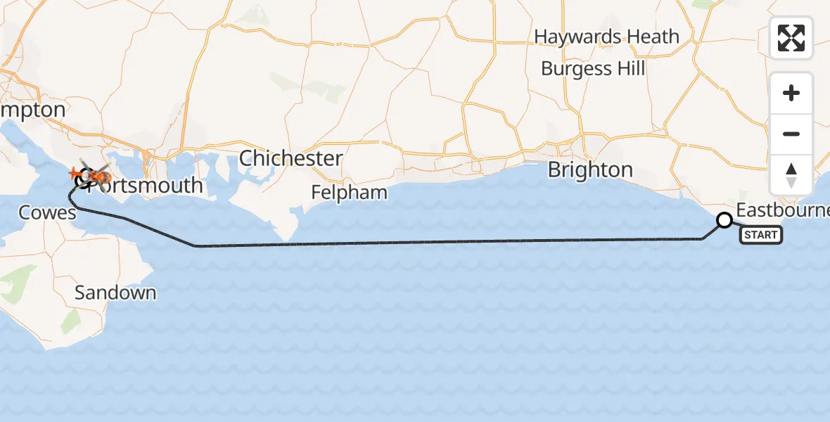 Flight path map showing Coastguard Helicopter route from Eastbourne to Solent Airport