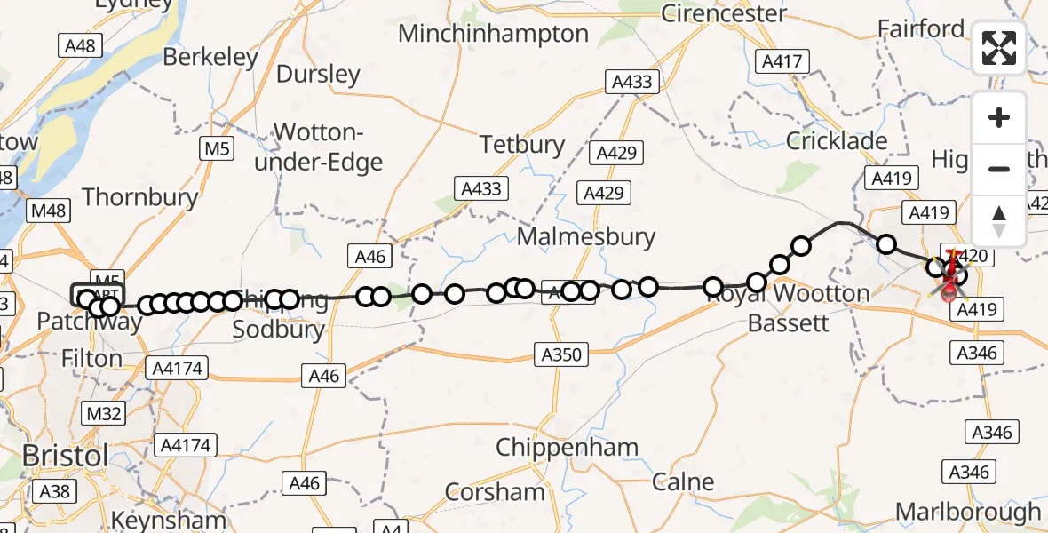 Flight path map showing Air Ambulance Helicopter route from Almondsbury Helicopter Base to Swindon