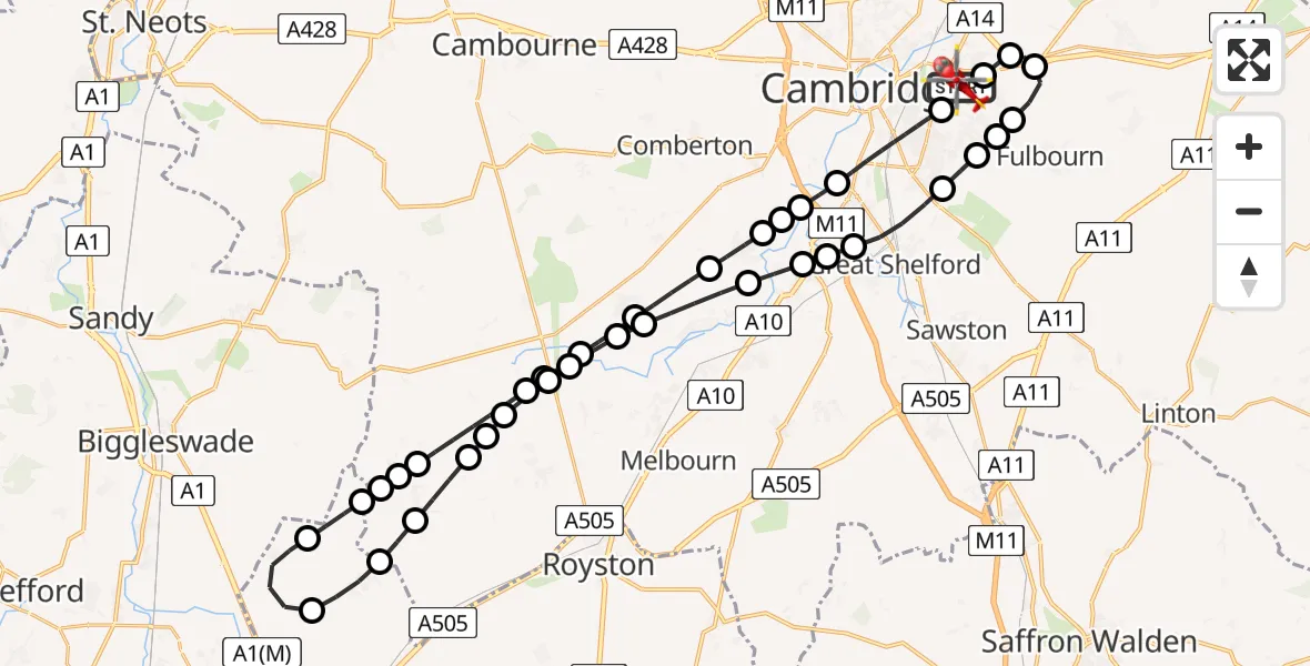 Flight path map showing Air Ambulance Helicopter route from Cambridge City Airport to Cambridge City Airport