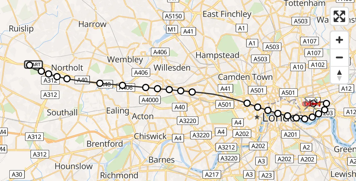 Flight path map showing Air Ambulance Helicopter route from RAF Northolt to Royal London Hospital