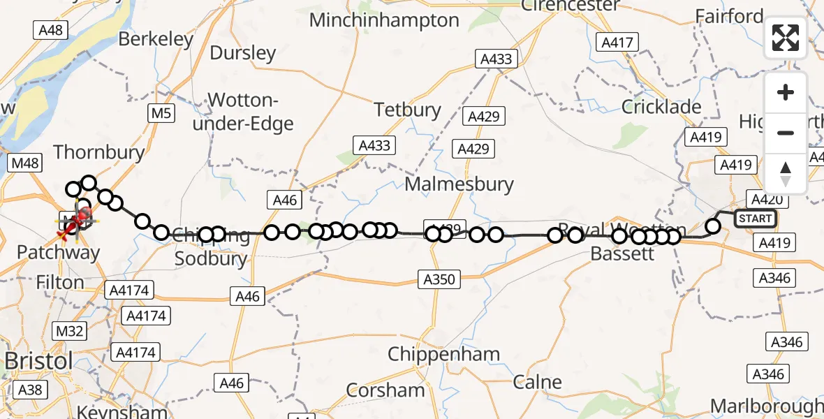 Flight path map showing Air Ambulance Helicopter route from Swindon to Woodlands