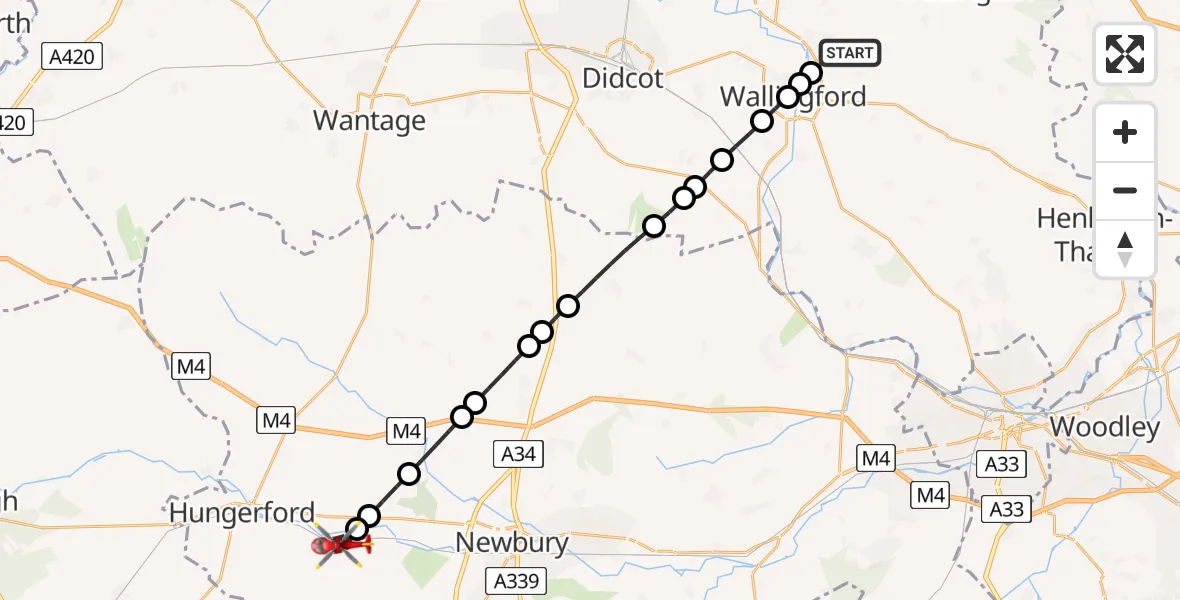 Flight path map showing Air Ambulance Helicopter route from RAF Benson to Kintbury