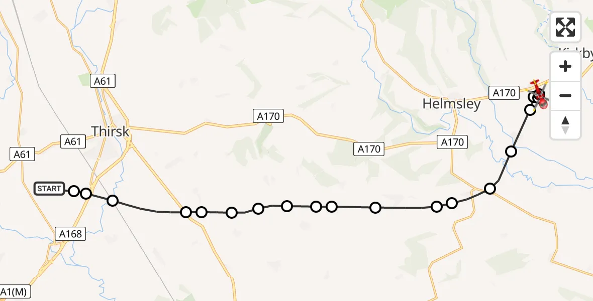 Flight path map showing Air Ambulance Helicopter route from RAF Topcliffe to Nawton