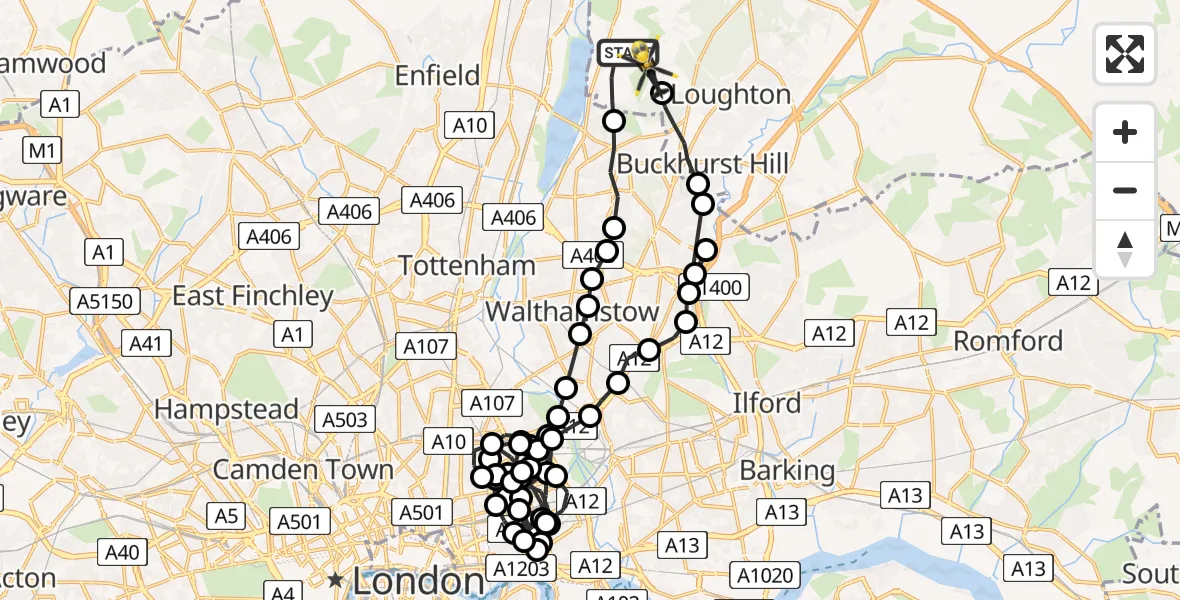 Flight path map showing Police Helicopter route from Sewardstonebury to Metropolitan Police Air Support Unit Lippitts Hill