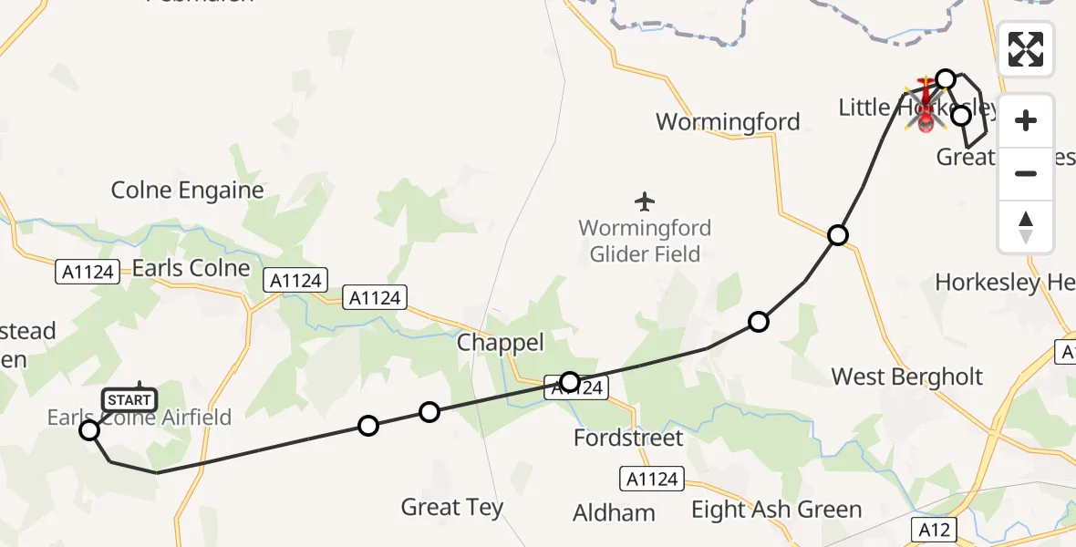 Flight path map showing Air Ambulance Helicopter route from Earls Colne Airfield to Little Horkesley