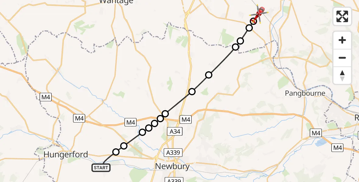 Flight path map showing Air Ambulance Helicopter route from Kintbury to South Oxfordshire