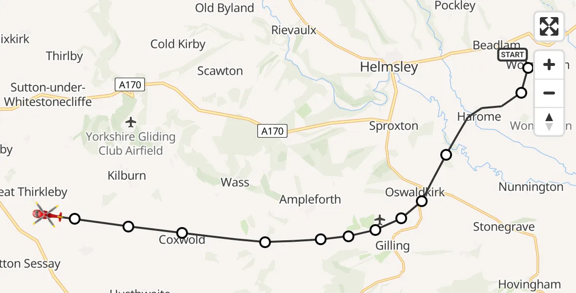 Flight path map showing Air Ambulance Helicopter route from Nawton to Great Thirkleby