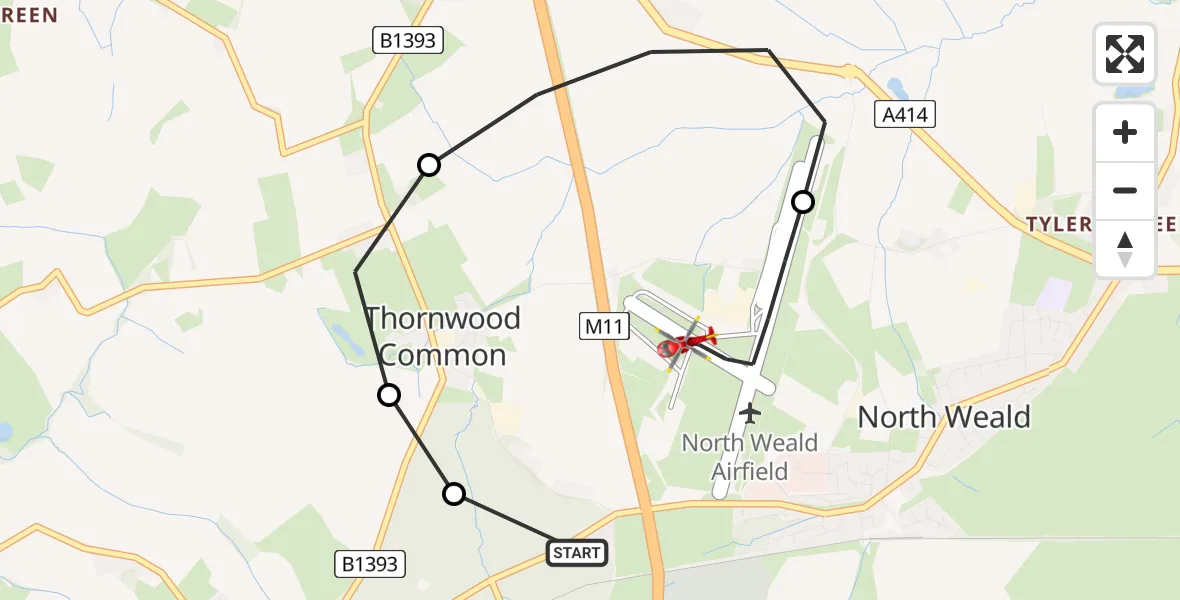 Flight path map showing Air Ambulance Helicopter route from North Weald Bassett to North Weald Airfield
