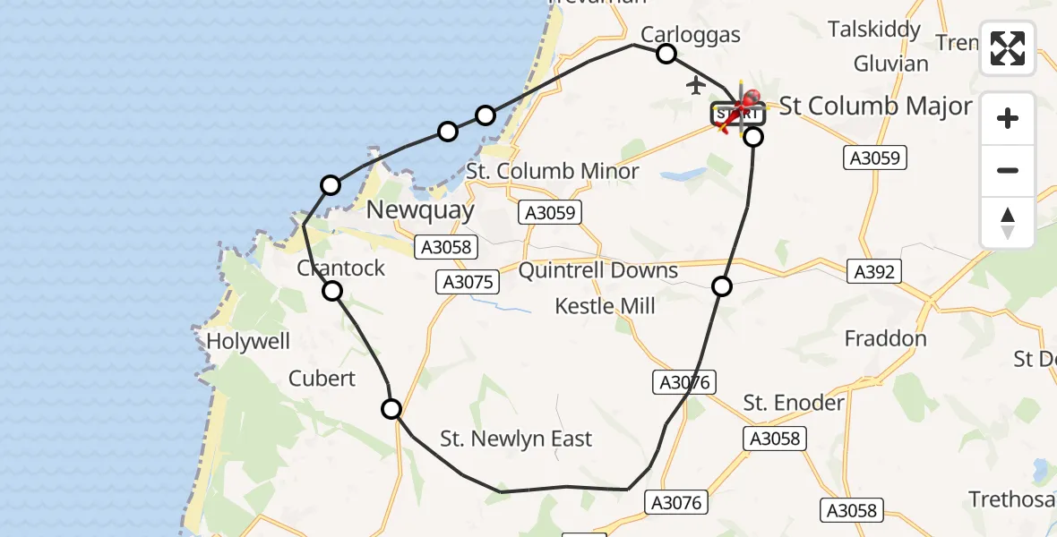 Flight path map showing Air Ambulance Helicopter route from Cornwall Airport Newquay to Cornwall Airport Newquay
