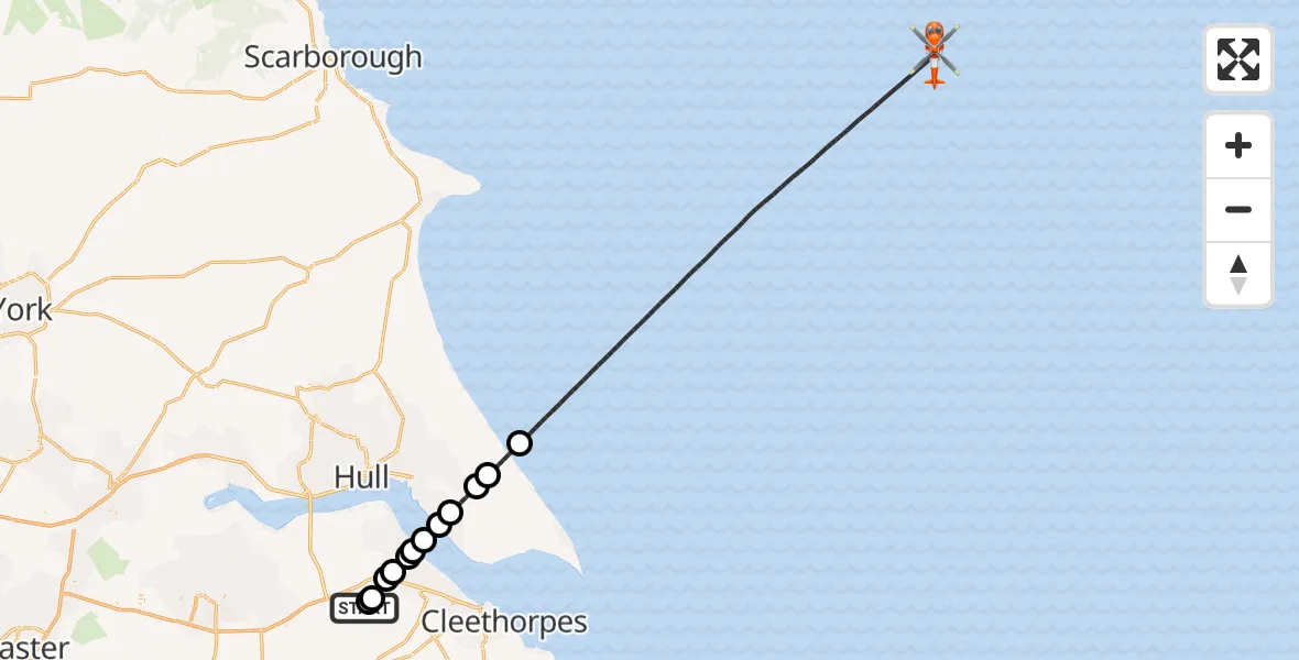 Flight path map showing Coastguard Helicopter route from Humberside Airport to North Sea