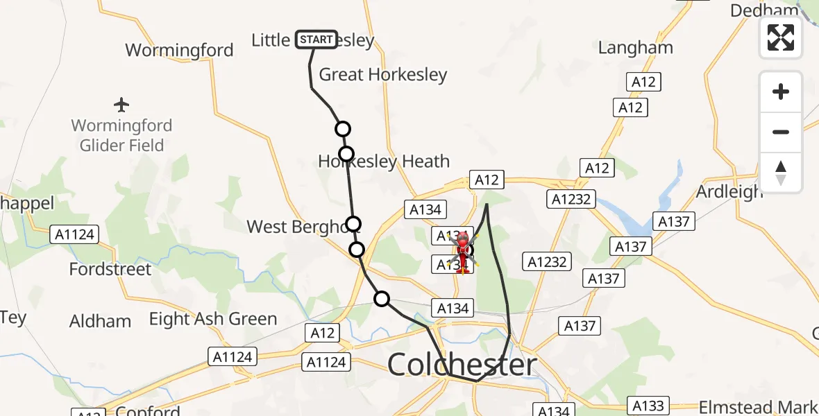 Flight path map showing Air Ambulance Helicopter route from Little Horkesley to Colchester Hospital