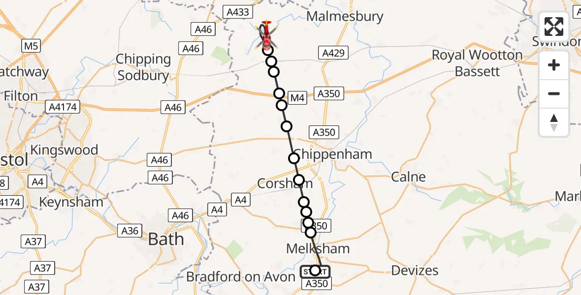Flight path map showing Air Ambulance Helicopter route from Wiltshire Air Ambulance to Sherston