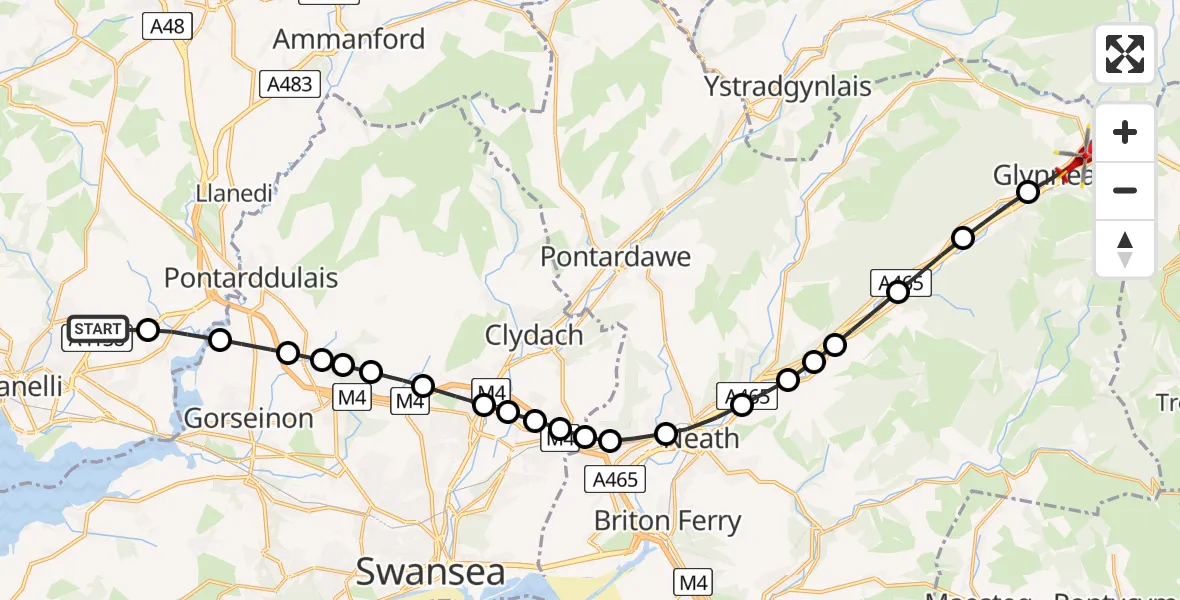 Flight path map showing Air Ambulance Helicopter route from Dafen to Glynneath