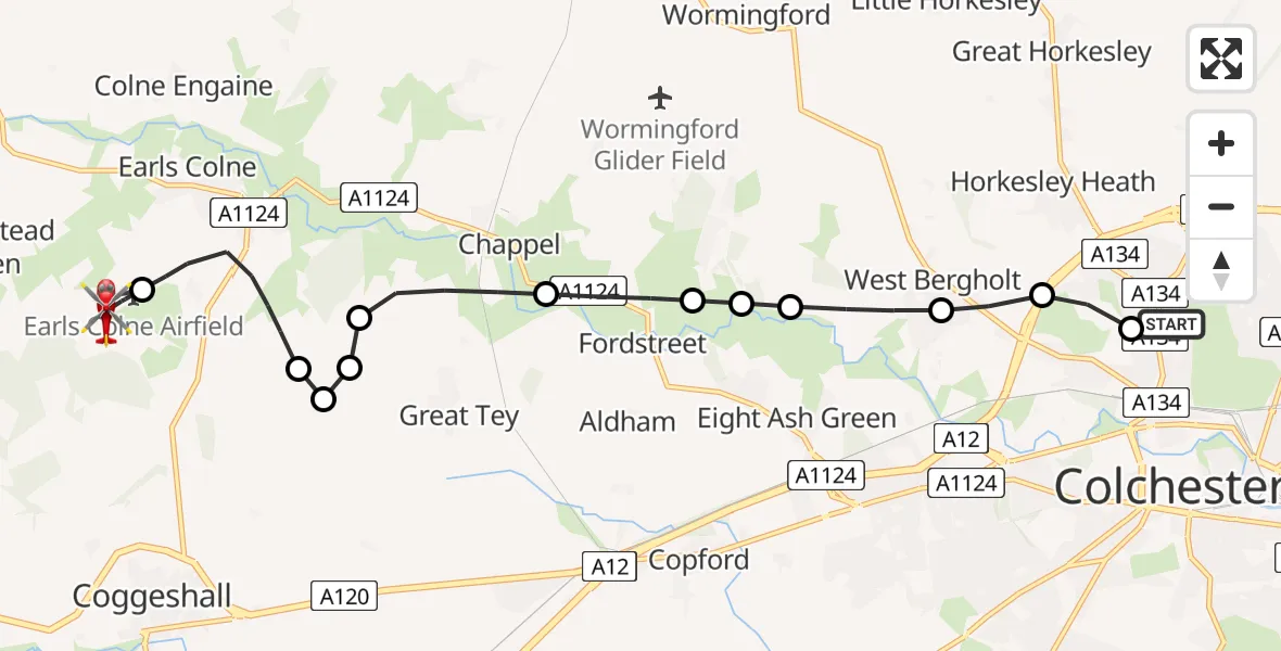 Flight path map showing Air Ambulance Helicopter route from Colchester Hospital to Earls Colne Airfield
