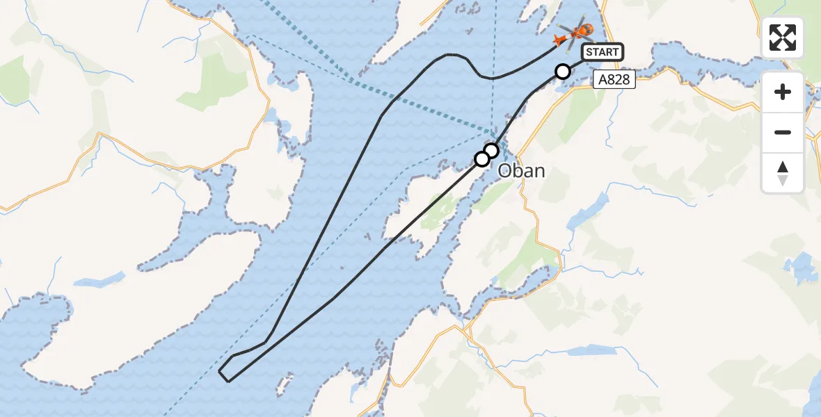 Flight path map showing Coastguard Helicopter route from Oban Airport to Inner Seas