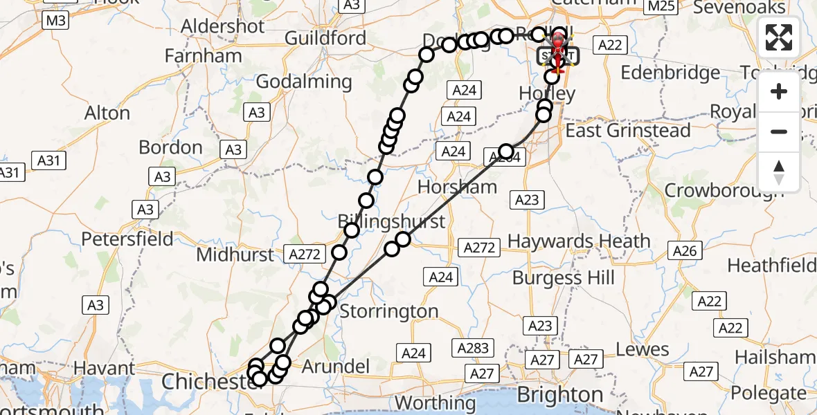 Flight path map showing Air Ambulance Helicopter route from Redhill Aerodrome to Redhill Aerodrome