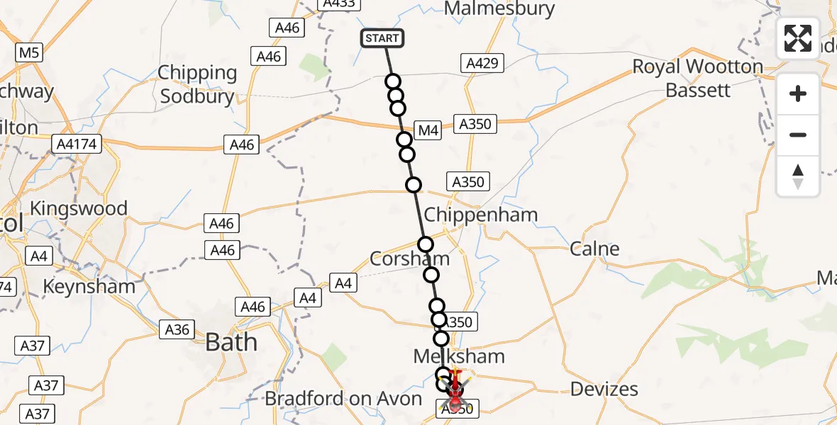 Flight path map showing Air Ambulance Helicopter route from Sherston to Wiltshire Air Ambulance