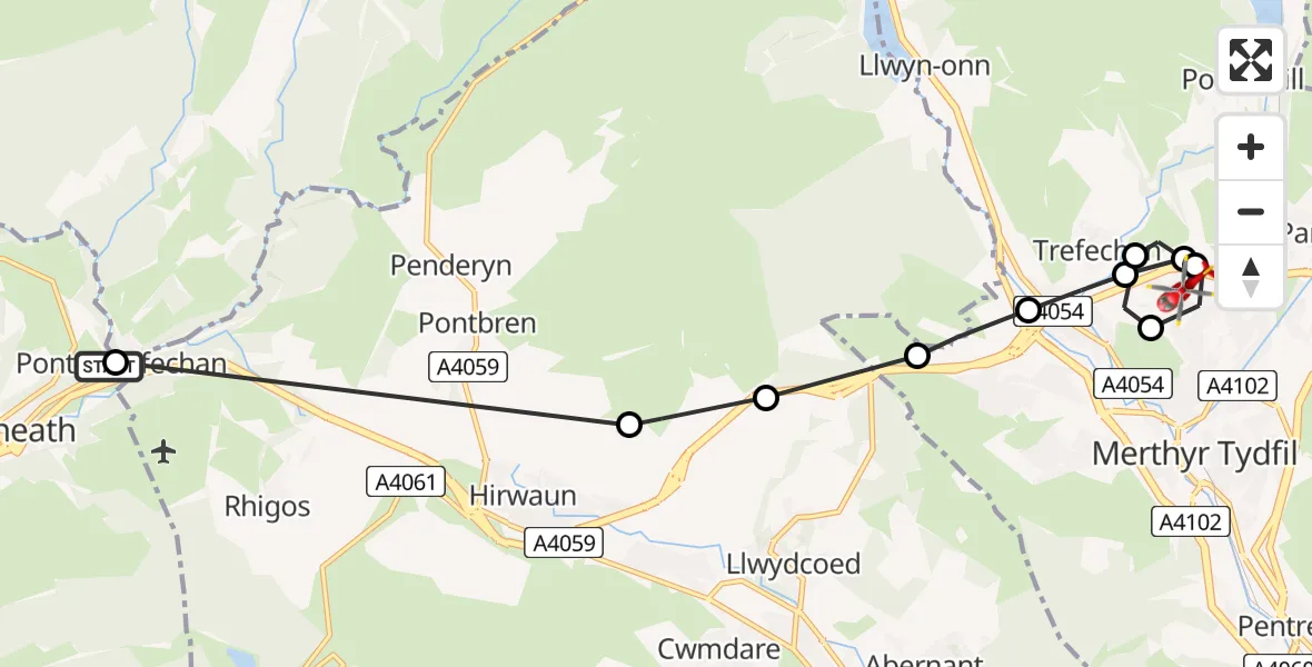 Flight path map showing Air Ambulance Helicopter route from Glynneath to Merthyr Tydfil