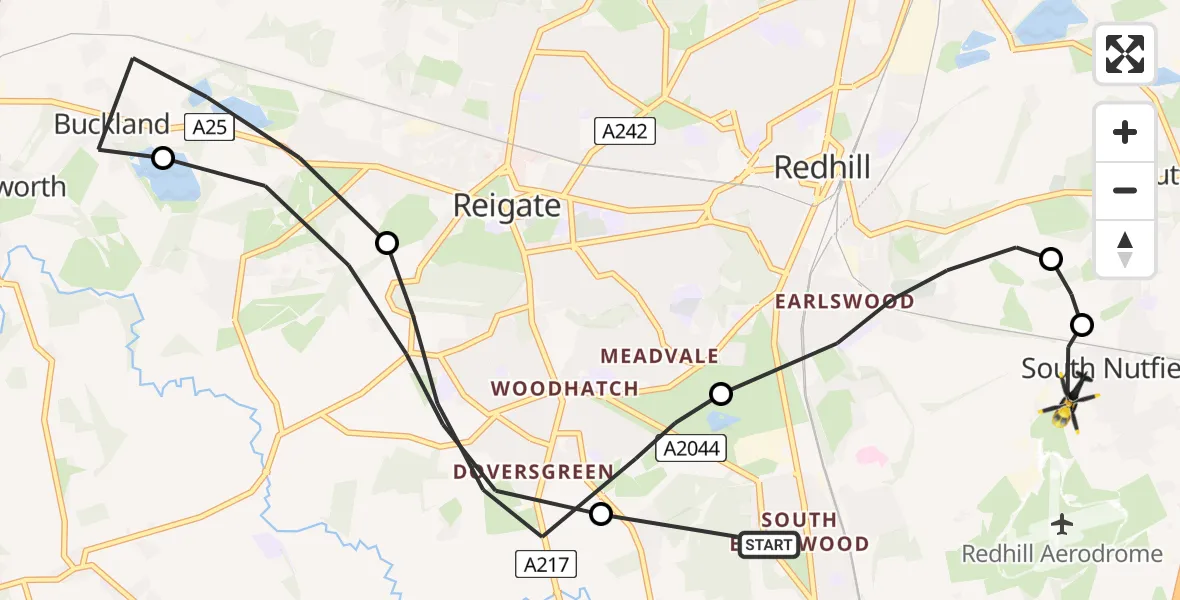 Flight path map showing Police Helicopter route from Salfords to South Nutfield