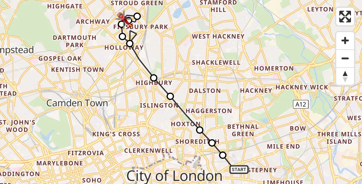 Flight path map showing Air Ambulance Helicopter route from Royal London Hospital to Finsbury Park