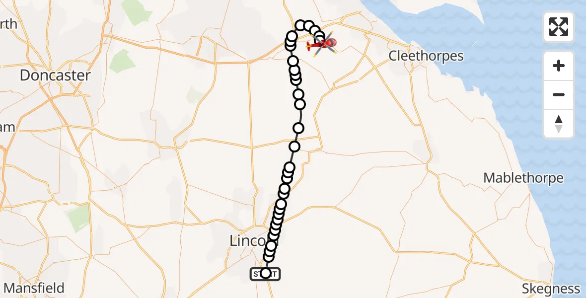 Flight path map showing Air Ambulance Helicopter route from RAF Waddington to Humberside Airport