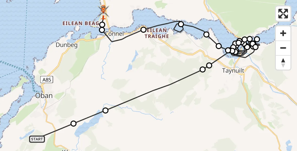 Flight path map showing Coastguard Helicopter route from Inner Seas to Oban Airport