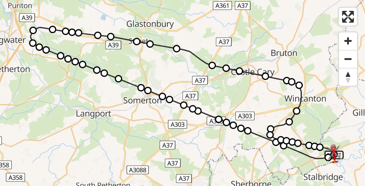 Flight path map showing Air Ambulance Helicopter route from Henstridge Airfield to Henstridge Airfield