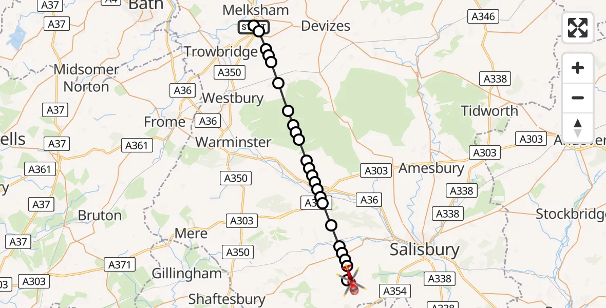 Flight path map showing Air Ambulance Helicopter route from Wiltshire Air Ambulance to Chalk Pyt Farm Airstrip