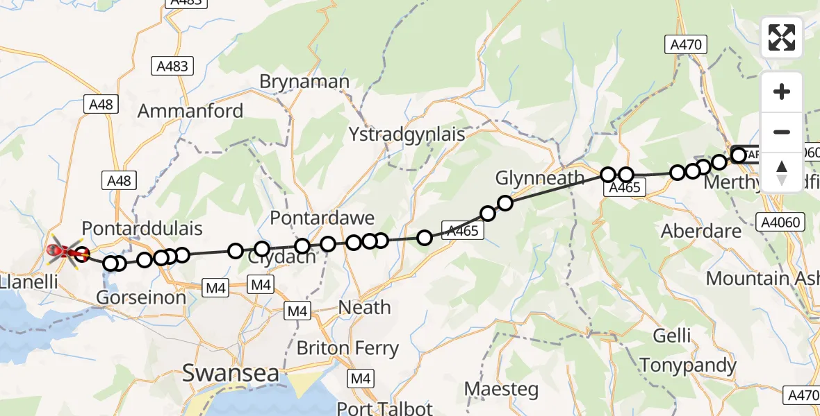 Flight path map showing Air Ambulance Helicopter route from Prince Charles Hospital Helipad to Dafen