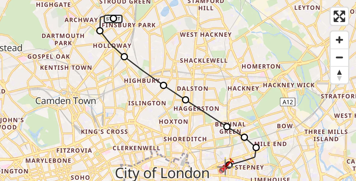 Flight path map showing Air Ambulance Helicopter route from Finsbury Park to Royal London Hospital