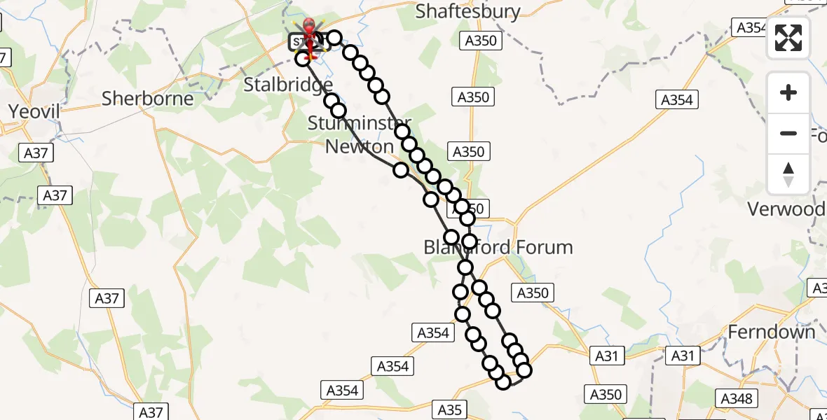 Flight path map showing Air Ambulance Helicopter route from Henstridge Airfield to Henstridge Airfield