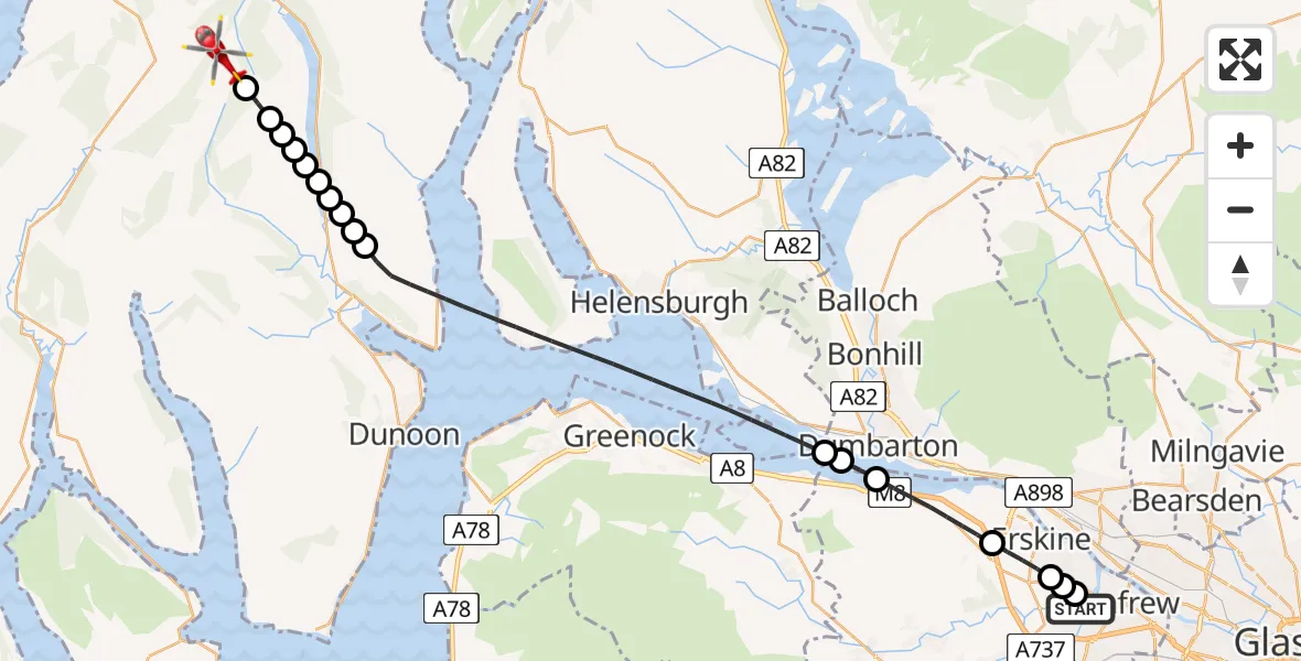 Flight path map showing Air Ambulance Helicopter route from Glasgow Airport to Argyll and Bute