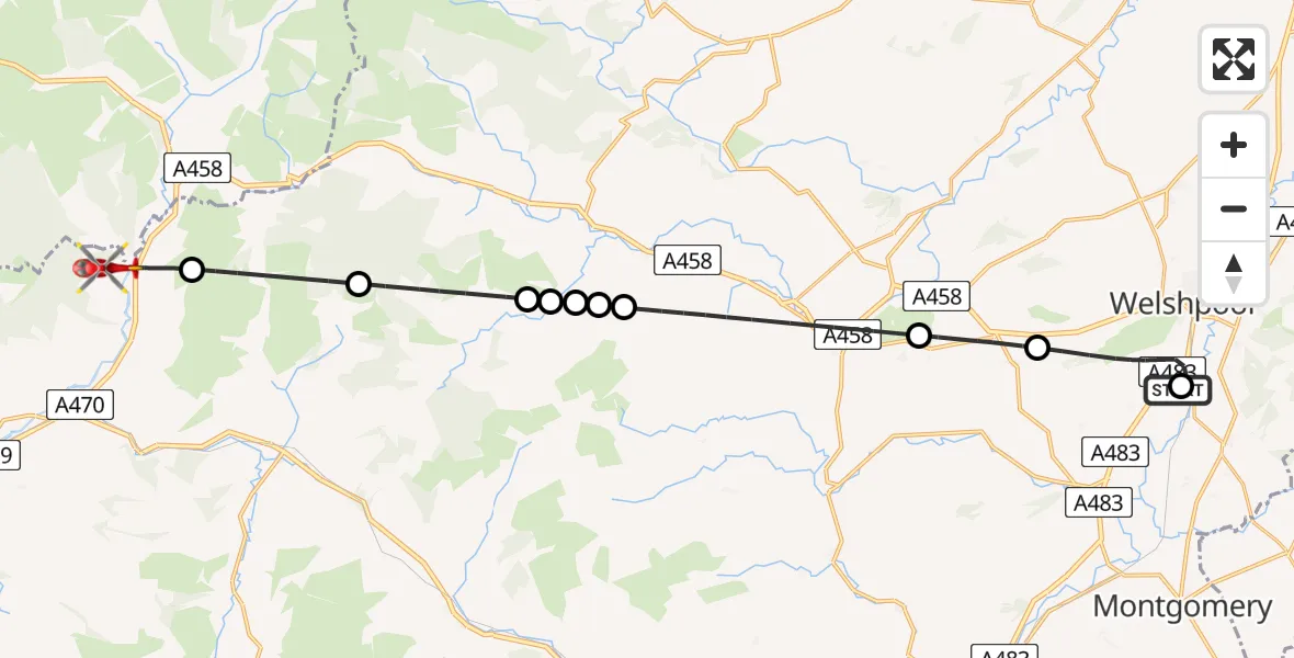 Flight path map showing Air Ambulance Helicopter route from Welshpool Airport to Glantwymyn