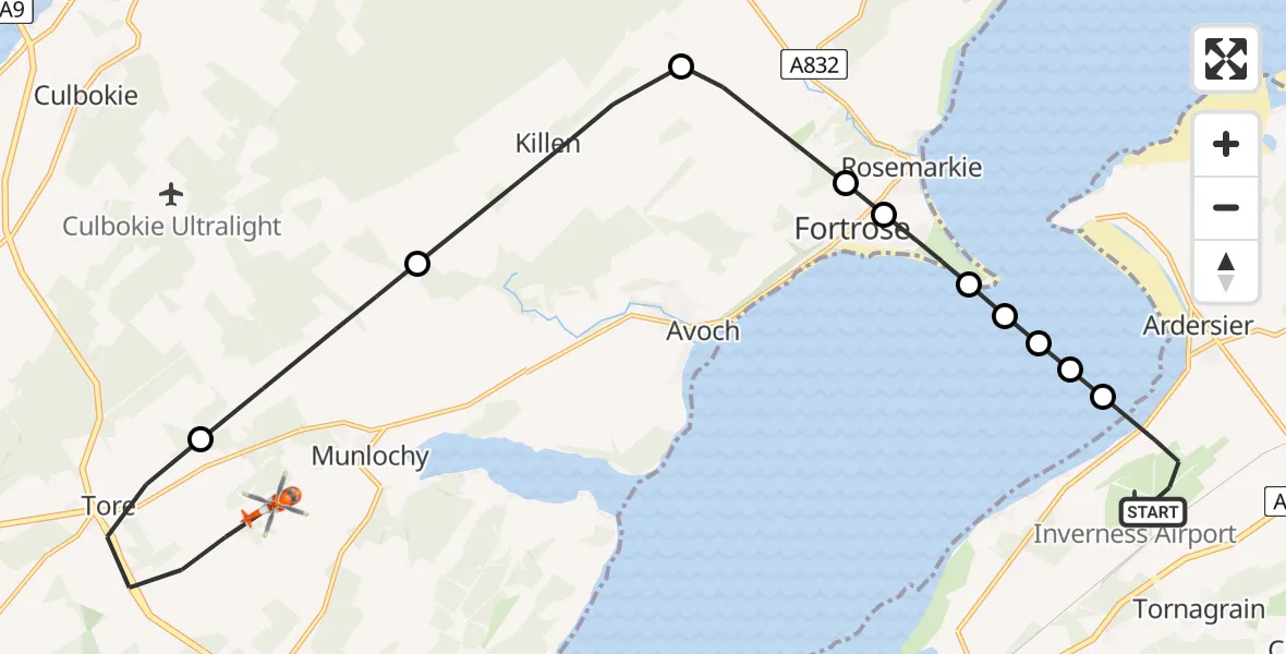 Flight path map showing Coastguard Helicopter route from Inverness Airport to Inverness