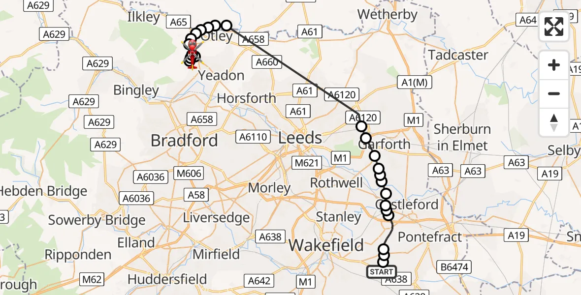 Flight path map showing Air Ambulance Helicopter route from YAA Nostell Helicopter Port to Guiseley