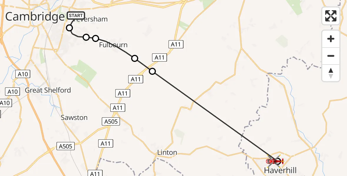Flight path map showing Air Ambulance Helicopter route from Cambridge City Airport to Haverhill