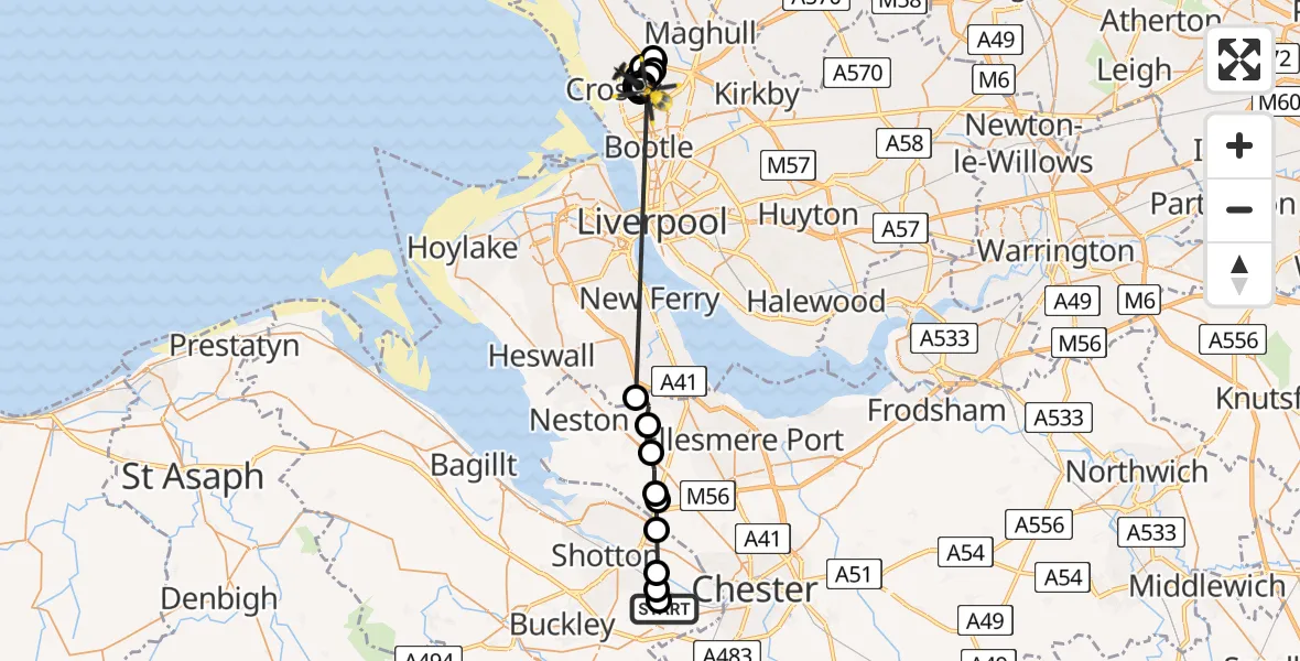 Flight path map showing Police Helicopter route from Hawarden Airport to Litherland