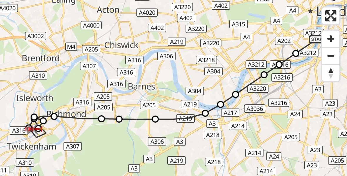 Flight path map showing Air Ambulance Helicopter route from Lambeth to Twickenham